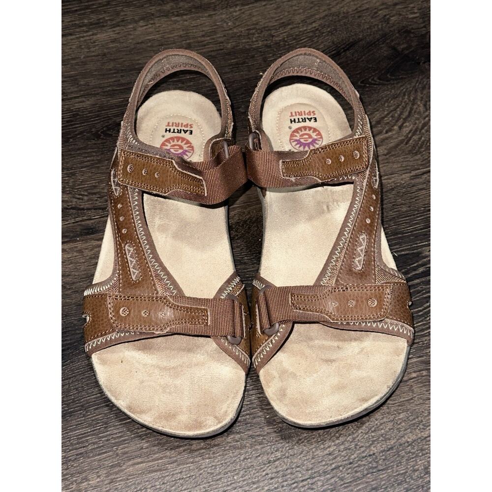 Earth Spirit Sandal Women 9 Brown savoy Leather Strappy Hook Loop Comfort Shoe